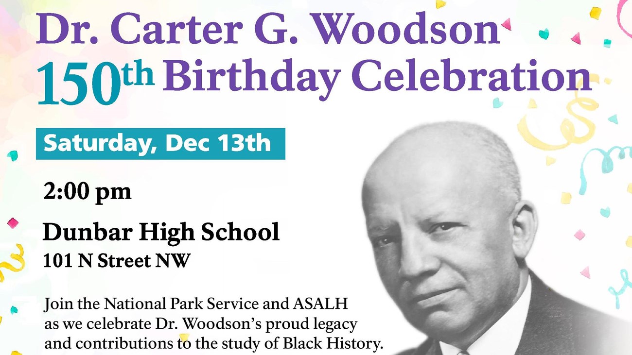 Black and white image of a man, with a white background with large, colorful text and shapes