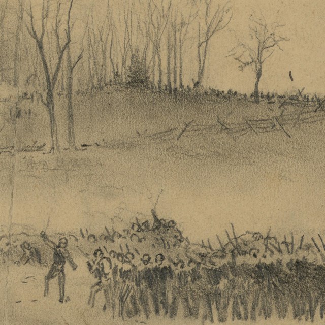 A charcoal sketch depicts Civil War soldiers preparing for a charge. 