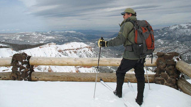 A skier stands in front of a wooden railing with snow covering the surrounding landscape.