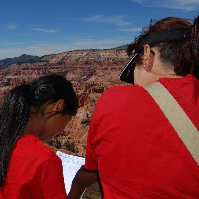 Several people in red shirt look at documents at an overlook.