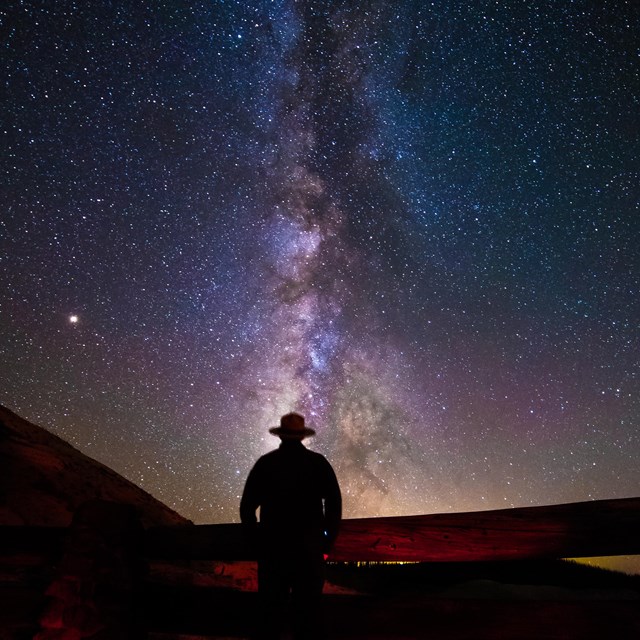 A ranger is silhouetted in front of the milky way.