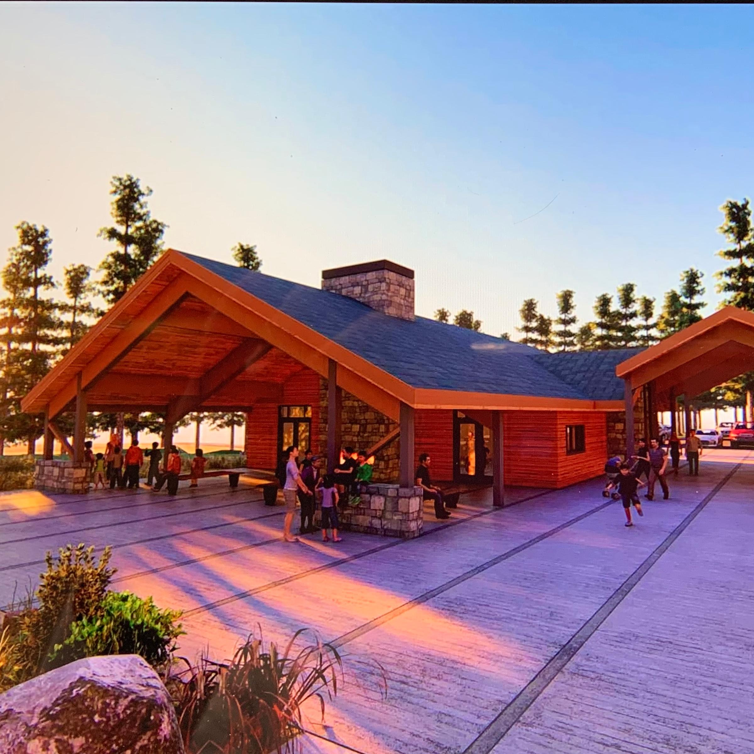 Artistic rendering of one-story visitor facility in a park setting. 