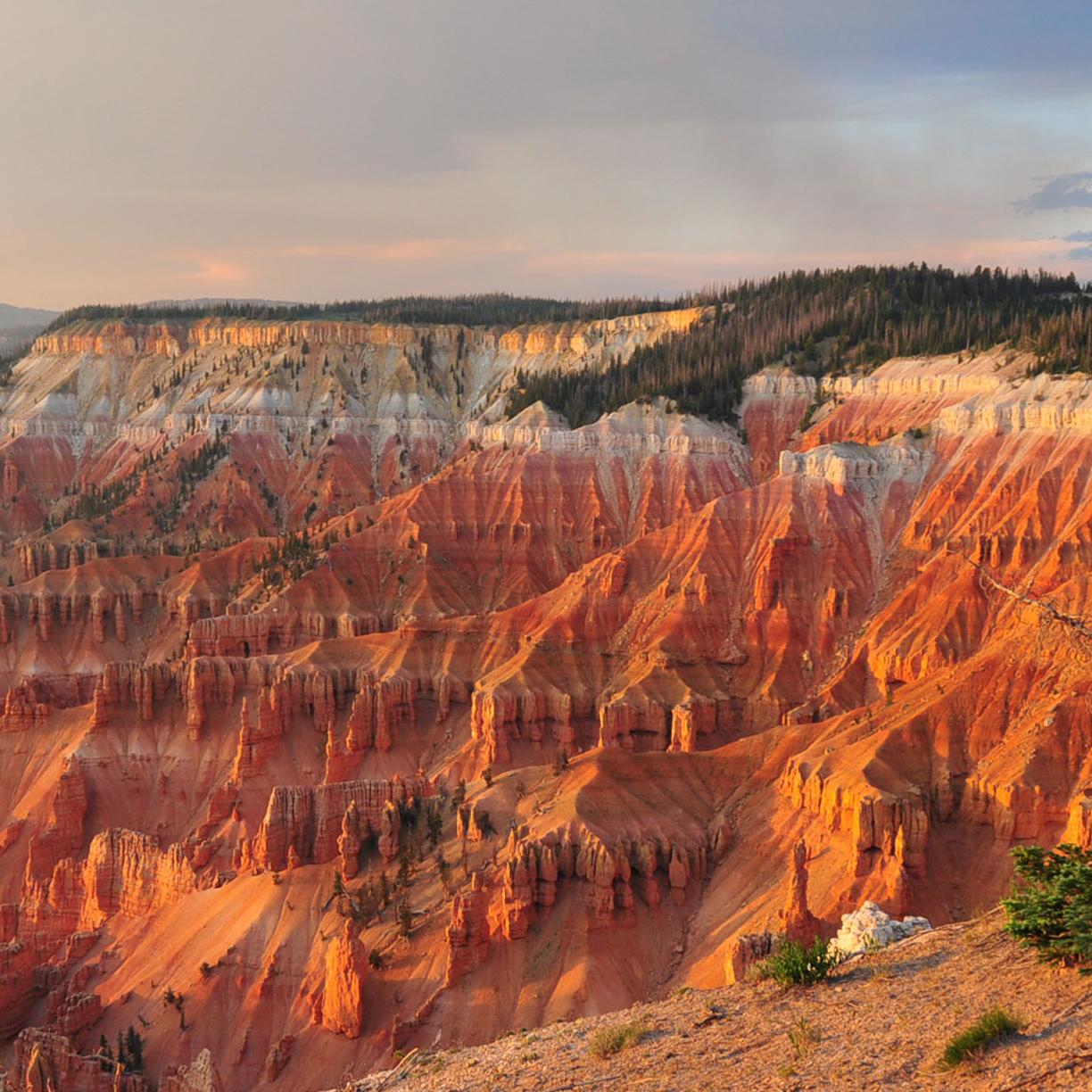Red rock cliffs at sunset. 