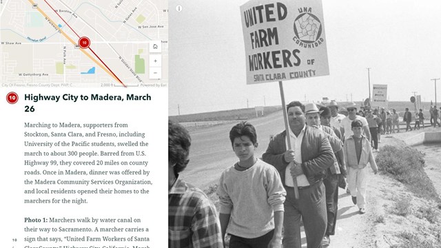 Next to a black and white photo of marchers, locations are marked along a map of California