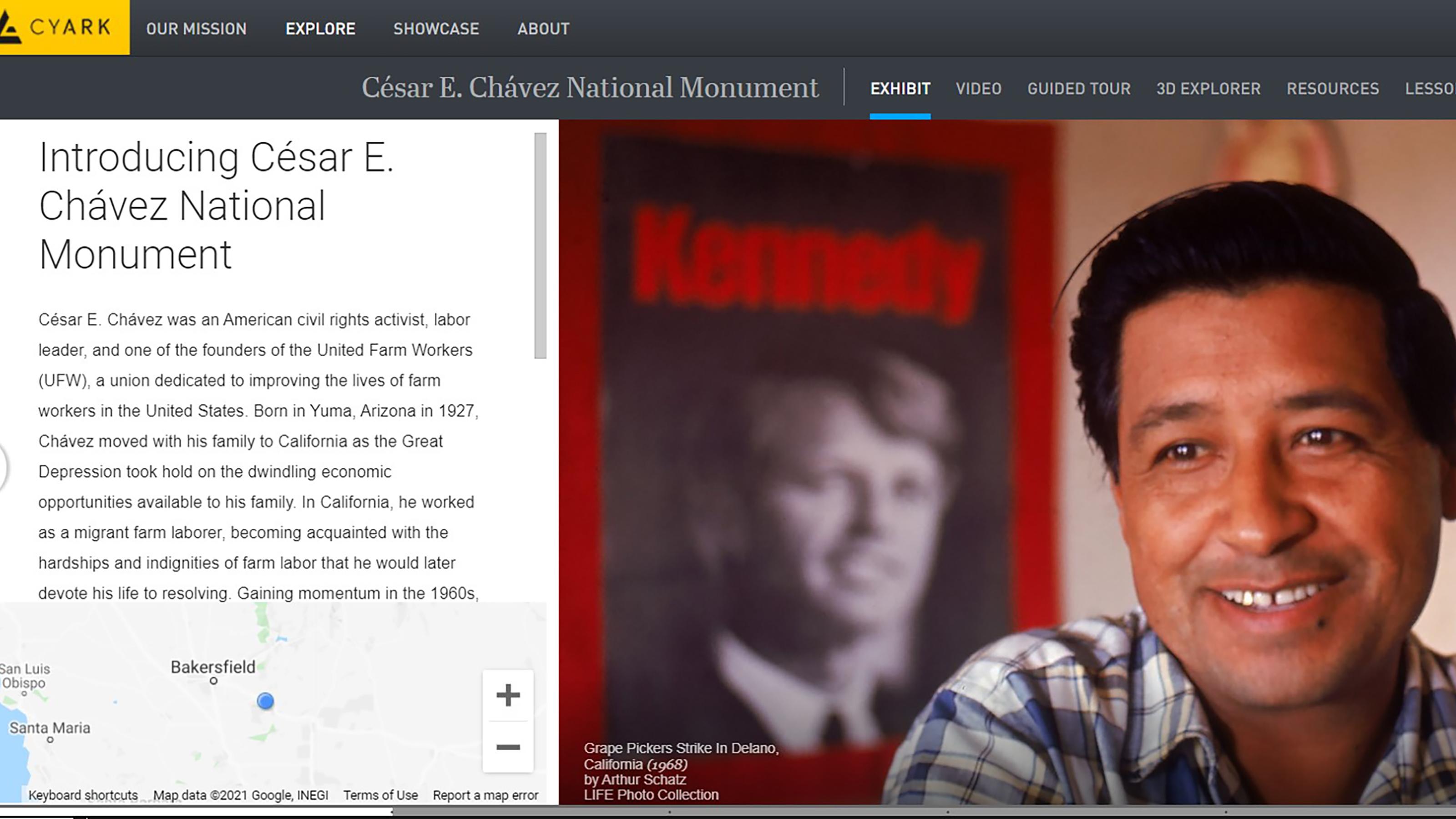 A screen shot of the guided tour features an image of Cesar standing in front an image of Ghandi.