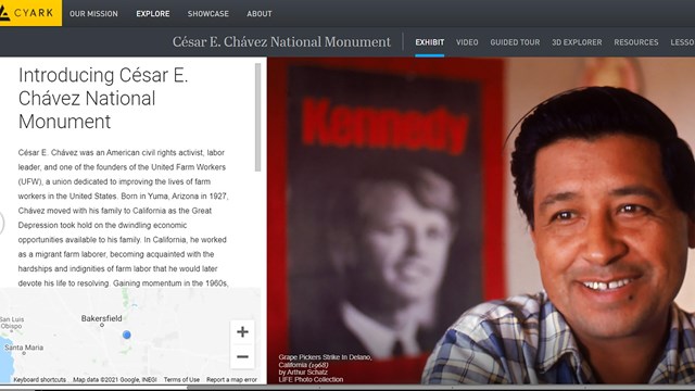 A screen shot of the guided tour features an image of Cesar standing in front an image of Ghandi.