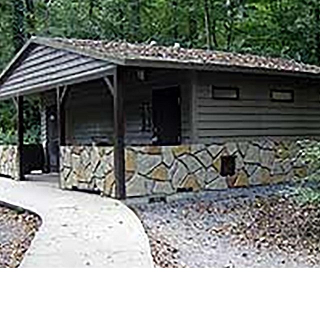 Photograph showing exterior of a modern restroom facility