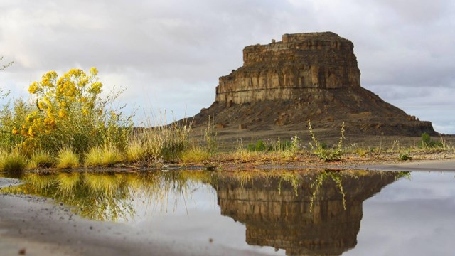 A puddle of water on the ground reflecting the image of Fajada Butte.