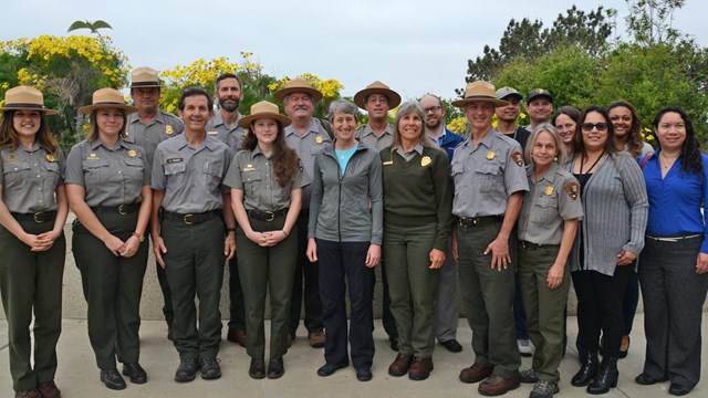 Park rangers standing in front of yellow flowered plant. 