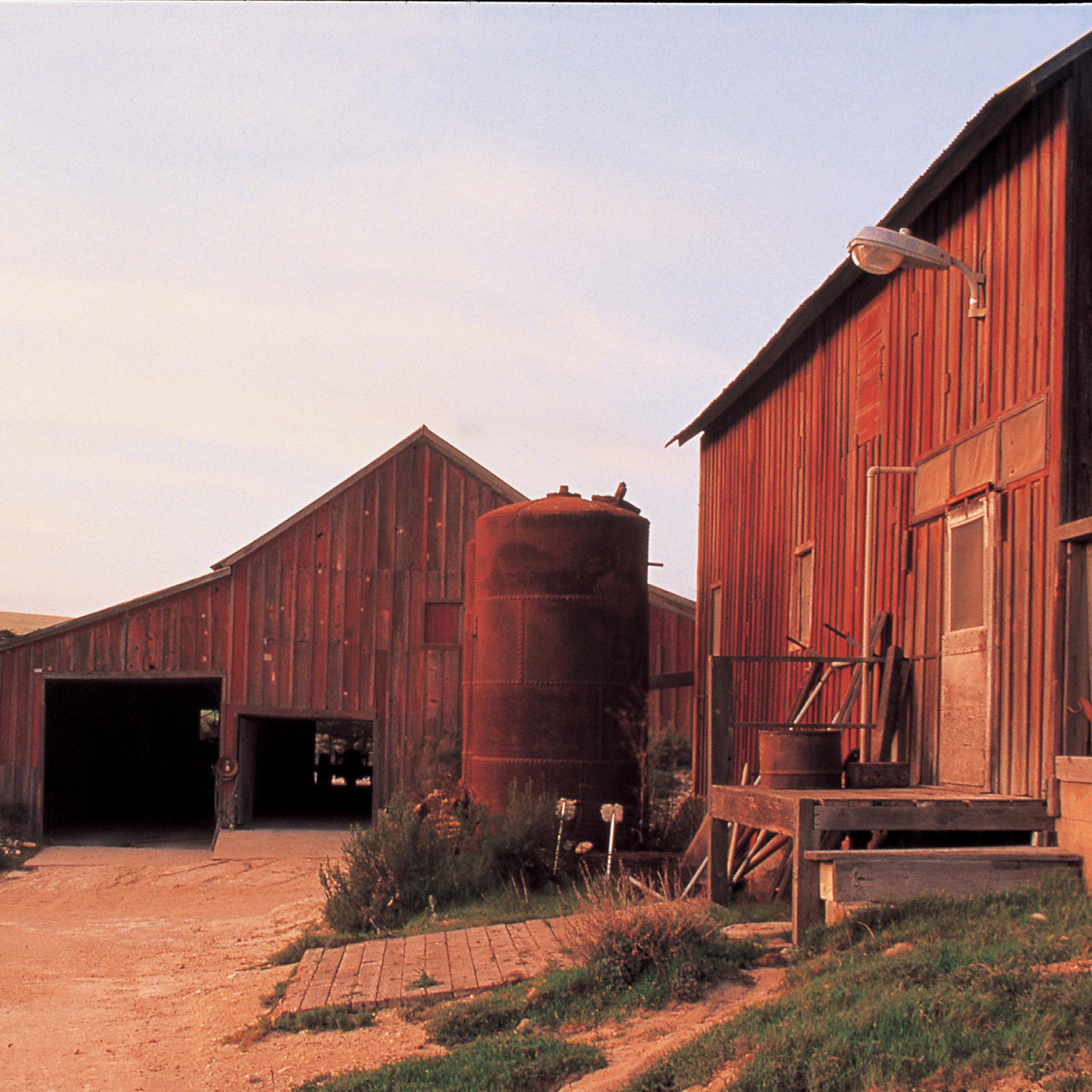 two old barns with a large vat and tall tree nearby