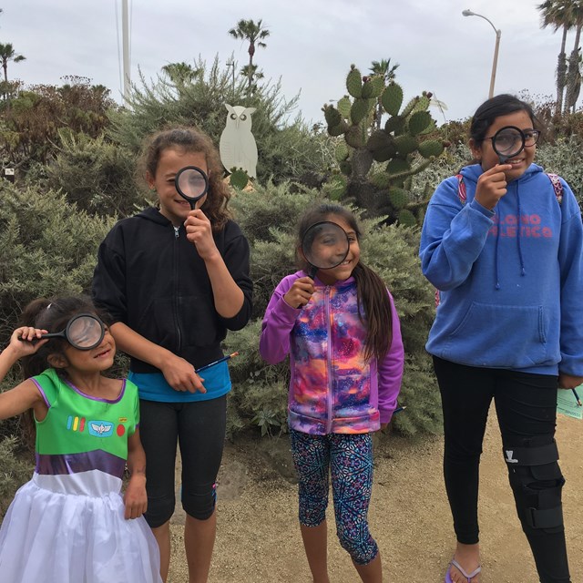 Four youth standing in a garden hold hand lenses up to their eyes.