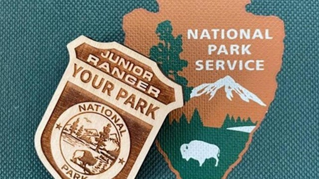 Wooden Junior Ranger badge on top of turquoise background with arrowhead NPS logo.