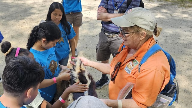 Canal Classroom Corps teacher in orange shirt showing children the pelt of a skunk.