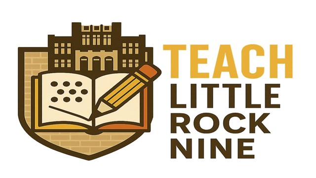 Logo with Central High silhouette, open book, pencil, and text “Teach Little Rock Nine.”