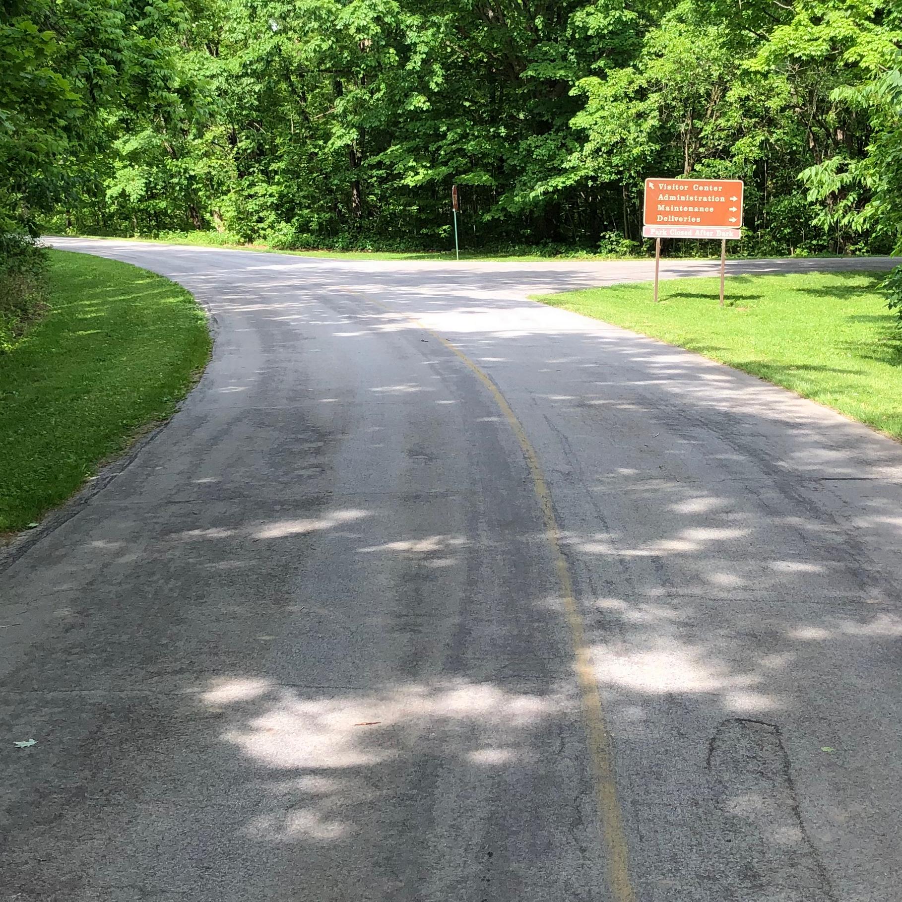 A two-lane road curves to the left with a directional sign on the right side of the road