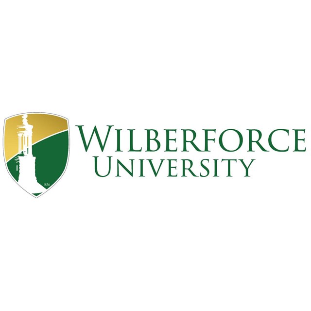 A yellow and green shield with a bell tower image in the center and text Wilberforce University