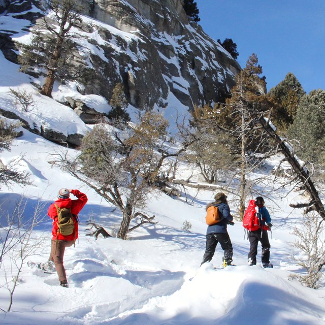 People on snowshoes exploring a snowy landscape surrounded by granite formations.