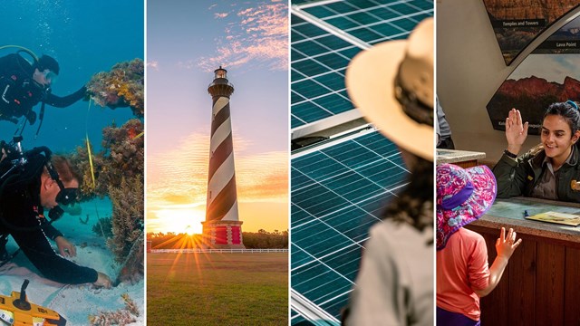 Composite of 4 images: two scuba divers, a lighthouse, a ranger and solar panels, a ranger and child