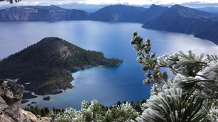 Crater Lake and a cinder cone island in the caldera above are conifer limbs dusted with snow