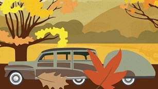 Illustration of a car driving past fall foliage on trees and mountains
