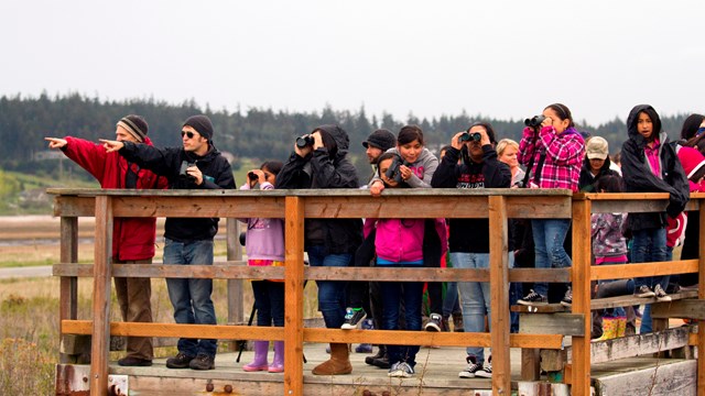 Class on a wooden overlook over a marsh looking for birds