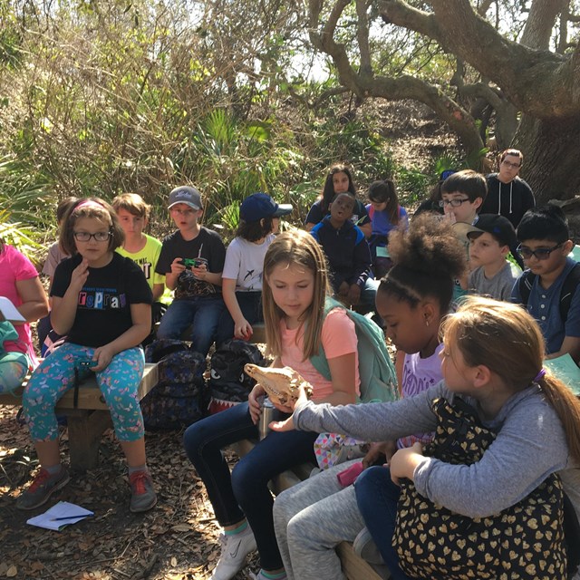 Students participate in an activity at the amphitheater