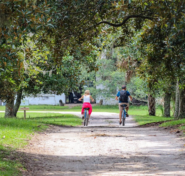 a couple riding bikes down the road