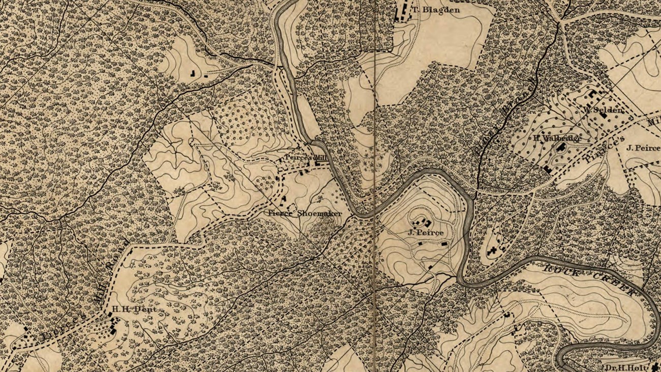 A section of an 1861 topographical map of D.C showing property owners, orchards, roads, and creeks.