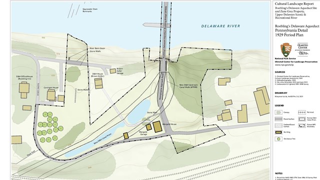 A 1929 period plan of Roebling's Delaware Aqueduct shows the features of the landscape
