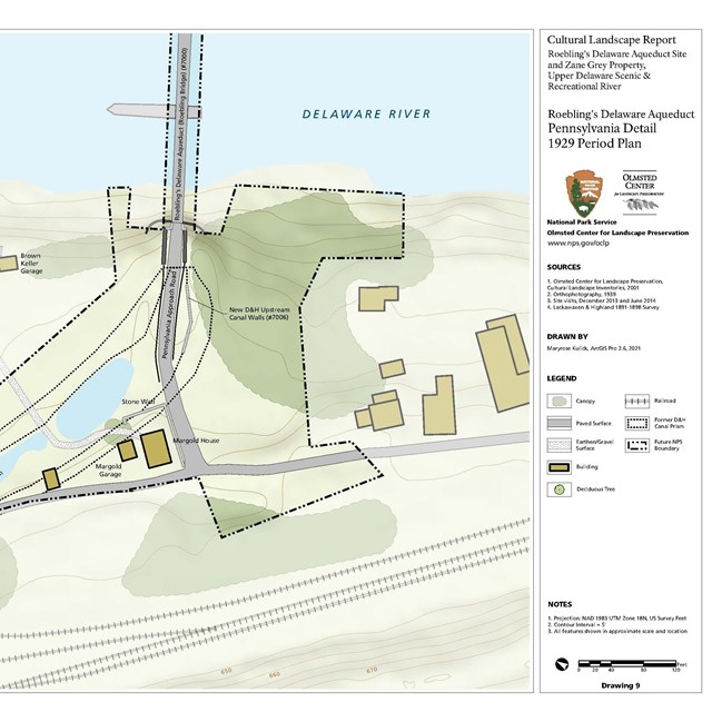 A 1929 period plan of Roebling's Delaware Aqueduct shows the features of the landscape