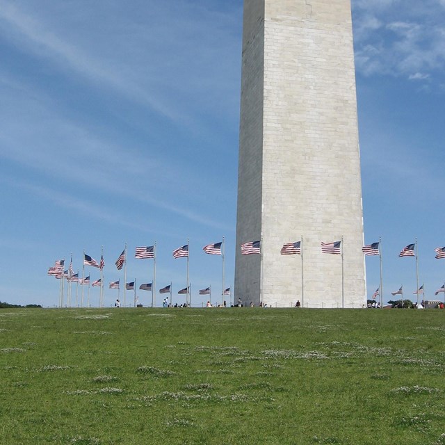 The square base of the Washington Monument obelisk is surrounded by a circle of American flags.