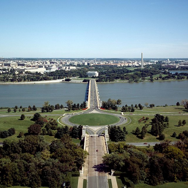 Aerial of the Memorial Bridge and Avenue, crossing the Potomac River on the approach to DC