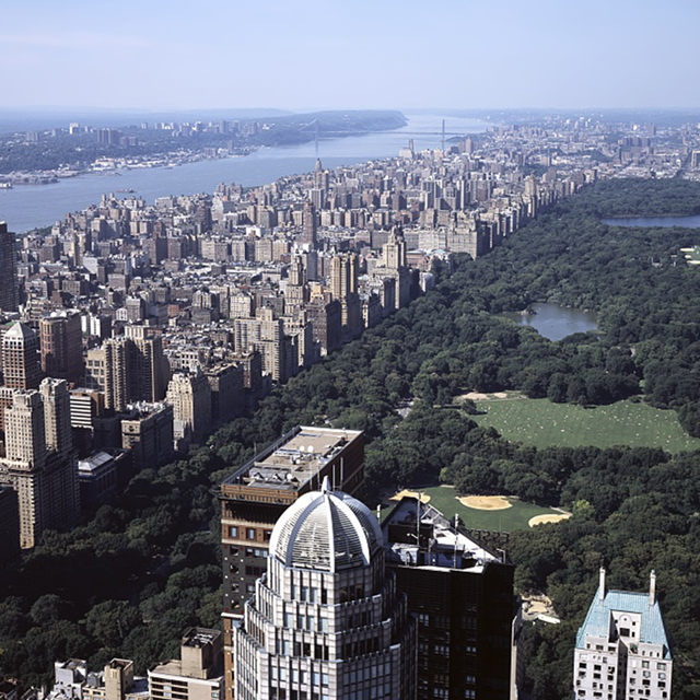 An aerial view of green Central Park, rimmed by buildings of New York City.