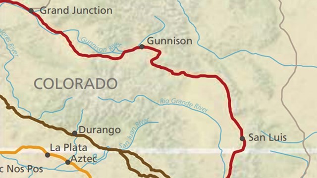 Section of a map with different colored lines showing Old Spanish Trail routes across Colorado