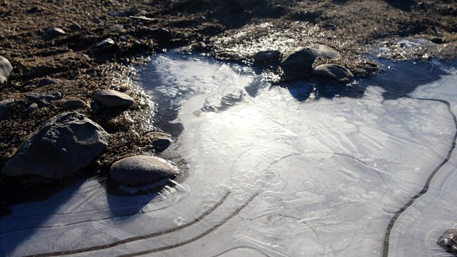 Ice forms swirls on rocky ground near small rocks.