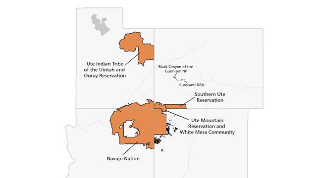 Map showing the Four Corners shaded in light grey with state borders. Reservations shaded in orange.