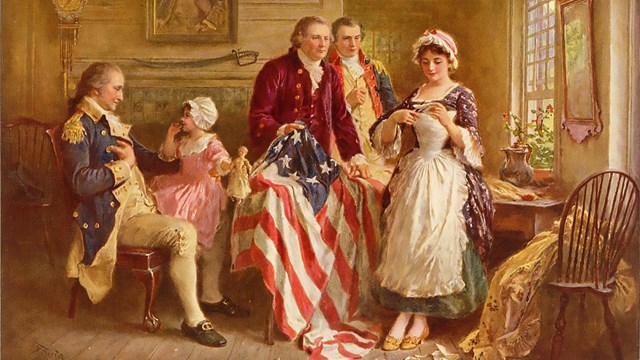 A painting illustrating Betsy Ross sewing the American flag design among other people