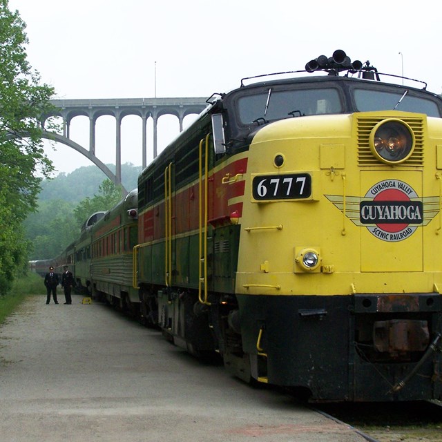 A train painted black, red and yellow stretches into the distance, where an arched bridge rises.
