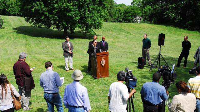 A press conference being held for media at Fort Reno in 2008.