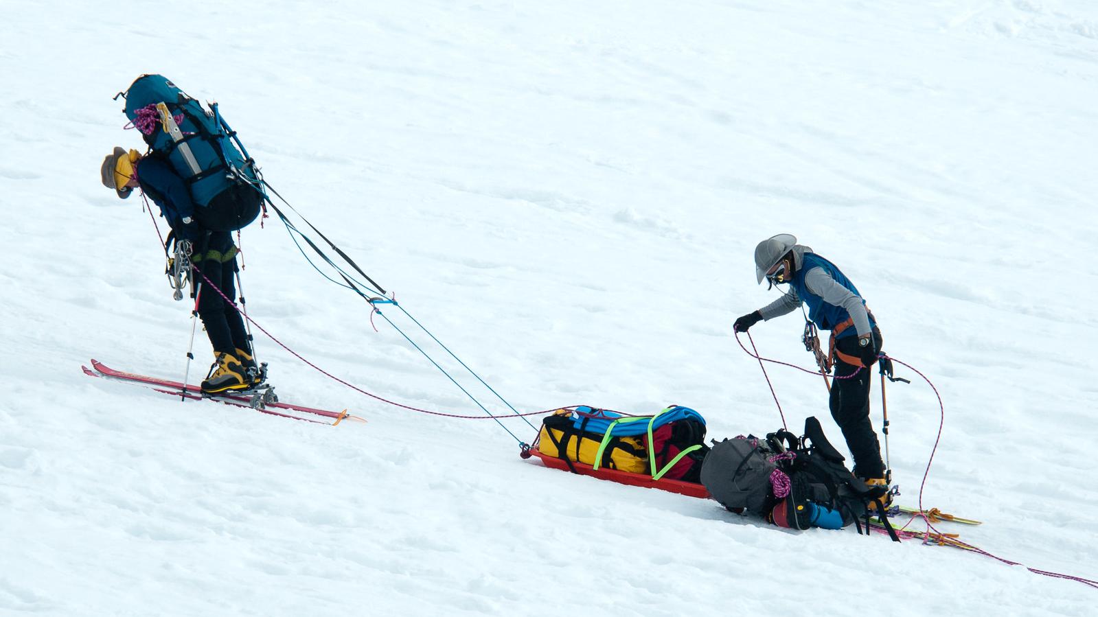 Glaciers check their ropes and skin their way up-glacier