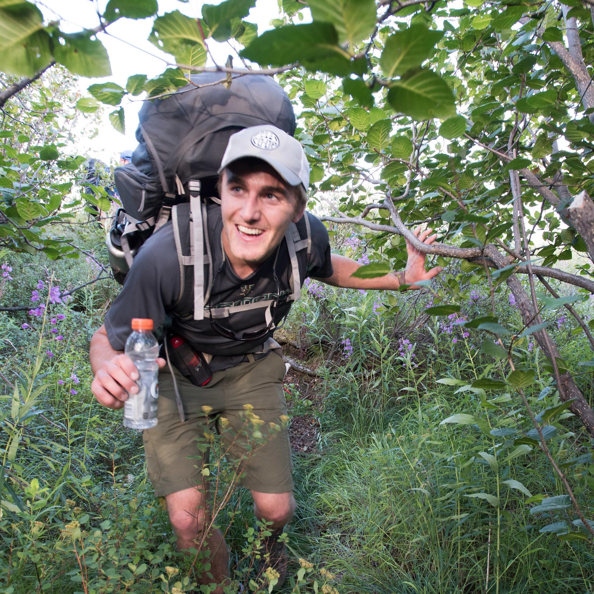 Hiker ducking under tree limbs