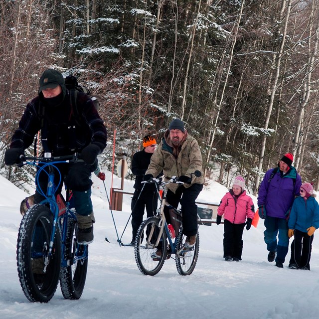 several people riding fat tire bikes while others walk on a snowy road