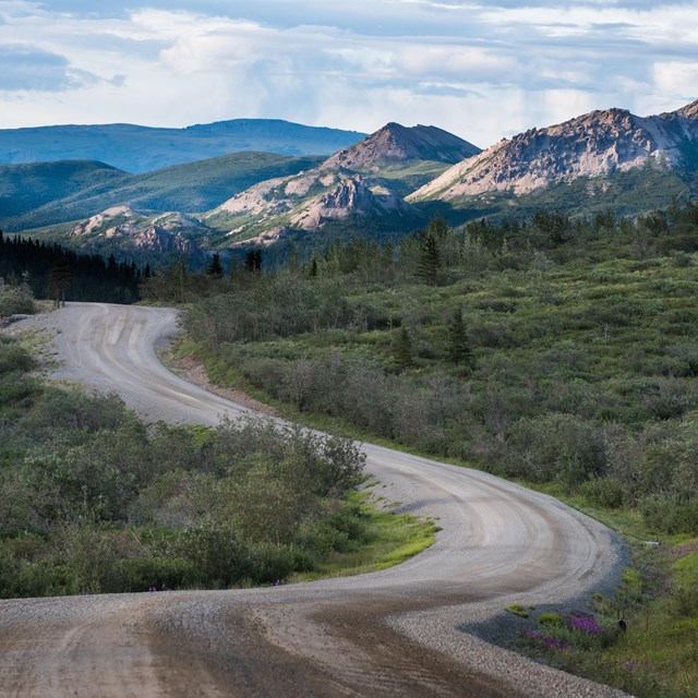 a dirt road winding through brushy hills and mountains