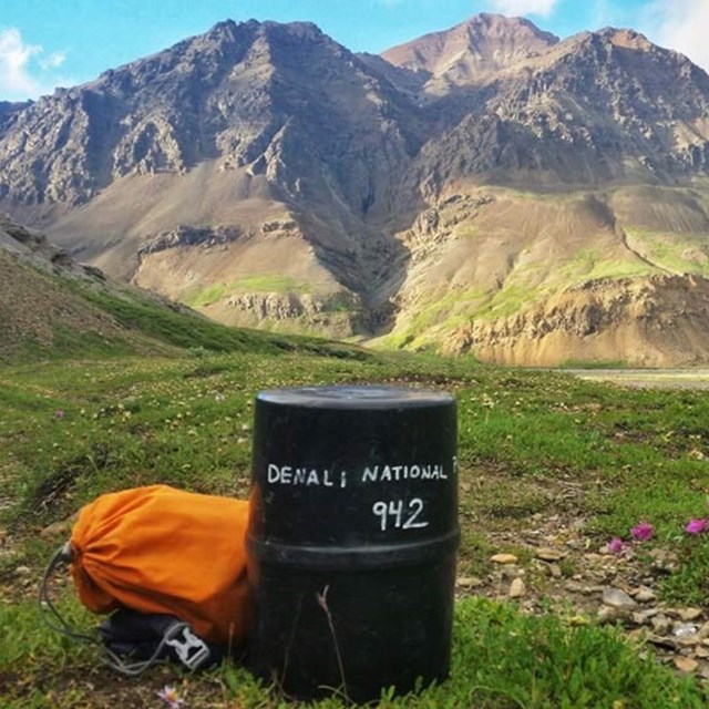 A black bear resistant food container sitting on the tundra next to a small orange bag.
