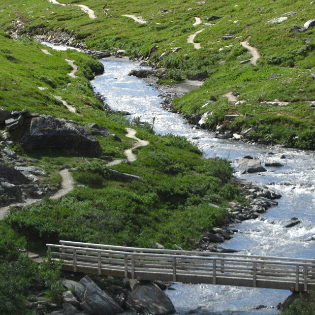 a bridge crossing a small river with a trail visible on either bank