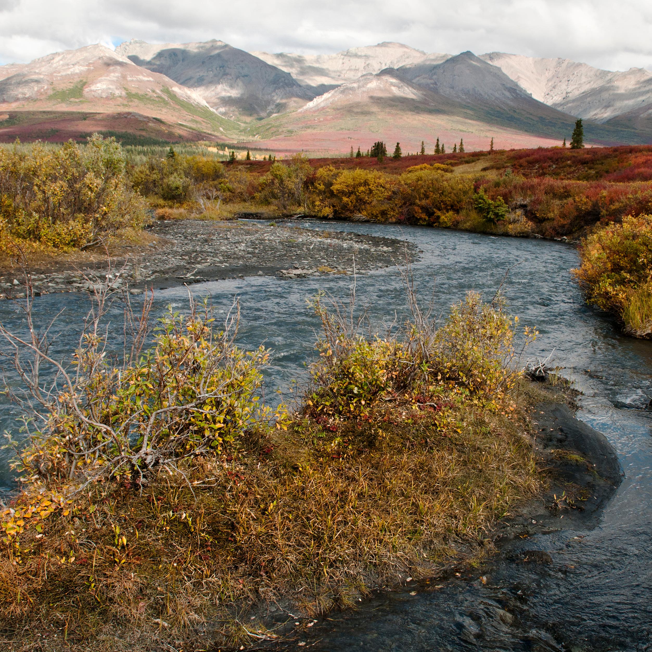 a shallow river flowing from distant mountains