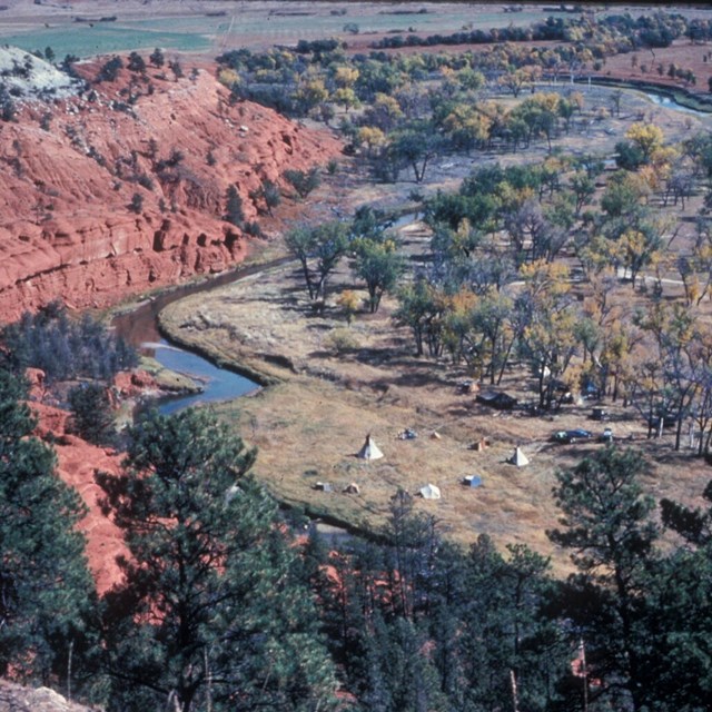 Tepees along the Belle Fourche river, viewed from above