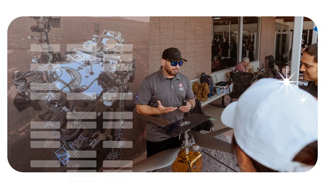 A scientist talks to visitors behind a table filled with items.