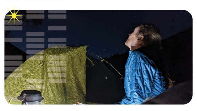 Individual looking up into the night sky next to a green tent. A graphic of lines and a yellow star.