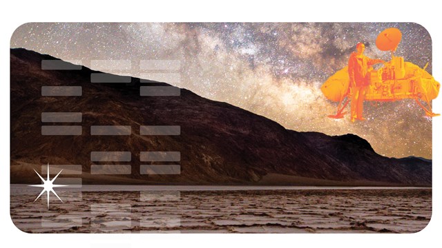 An astrophotography image of the milky way over badwater basin. Graphics are over the image.